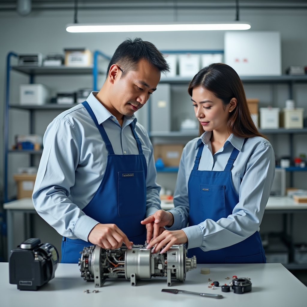 Команда специалистов по ремонту бытовой техники в мастерской