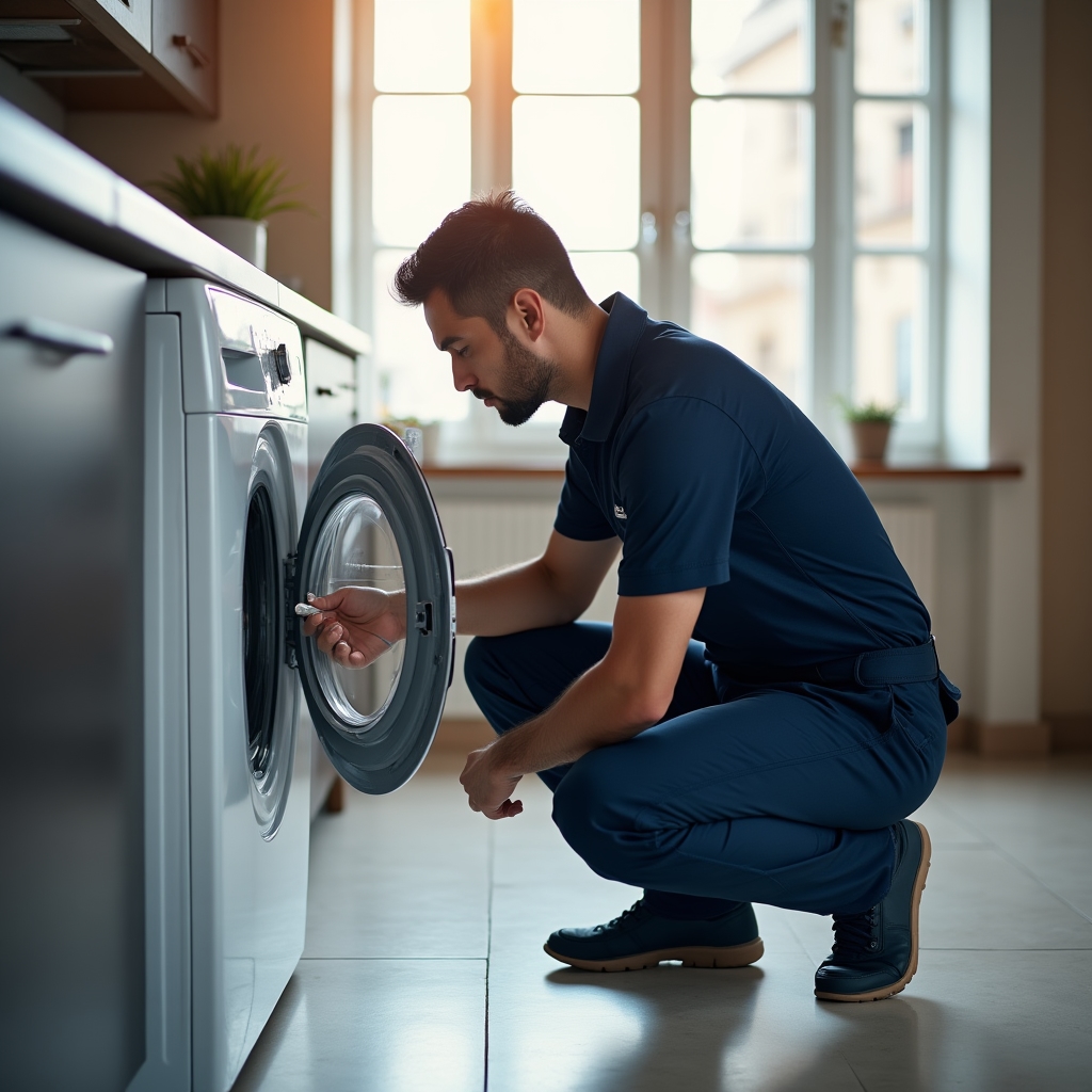 Мастер диагностирует стиральную машину на дому у клиента