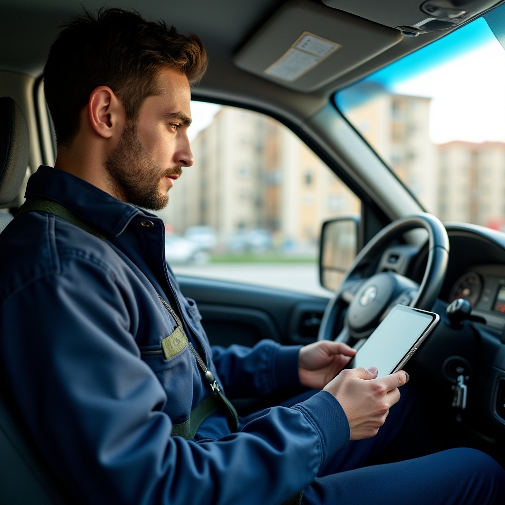 Мастер просматривает заявки на ремонт через мобильное приложение